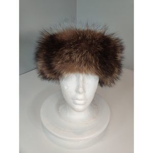Vintage Racoon and Black Leather Fur Hat from Canada 21"